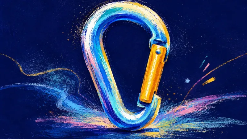 An abstract carabiner restored to a balanced open shape, representing calm follow-through and cl