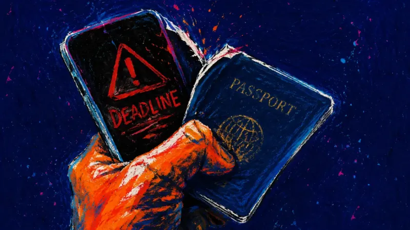 Between Two Exits A hand squeezing a phone and passport together until both bend out of line, symbolizing visa-deadine