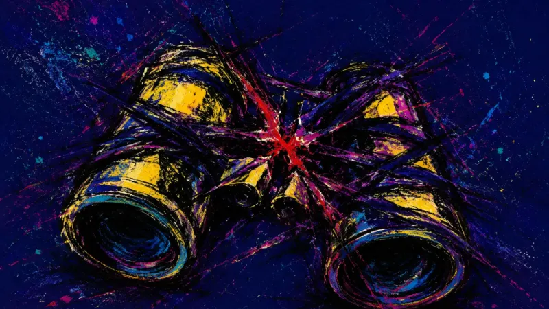 Split Sight A pair of binoculars pulled out of alignment and bound by chaotic lines, representing visa decision