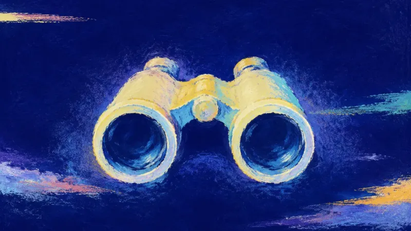 Steady Focus A pair of binoculars restored to clean alignment, representing a visa choice approached through calm