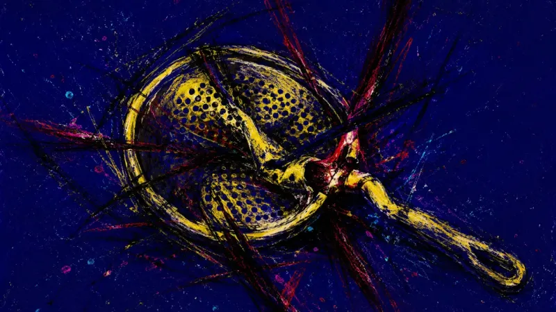 A distorted sieve trapped in chaotic marks, representing benefits-choice overload, money fear, and b