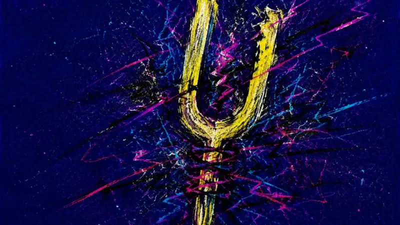 Out of Tune A warped tuning fork tangled in frantic lines, expressing texting anxiety, self-blame, and the pres
