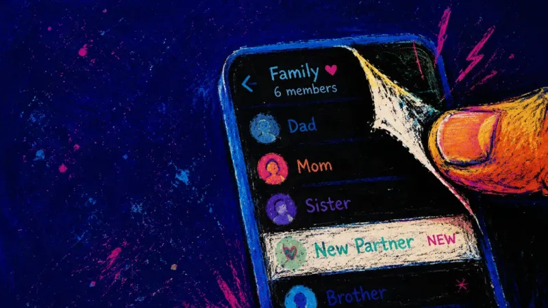 Silent Enrollment A hand worrying a phone corner as a family group chat shows a partner added without permission.