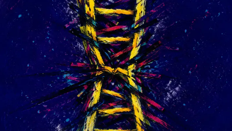 Crushed Ascent A distorted ladder jammed by chaotic pressure, reflecting career decision paralysis and fear of