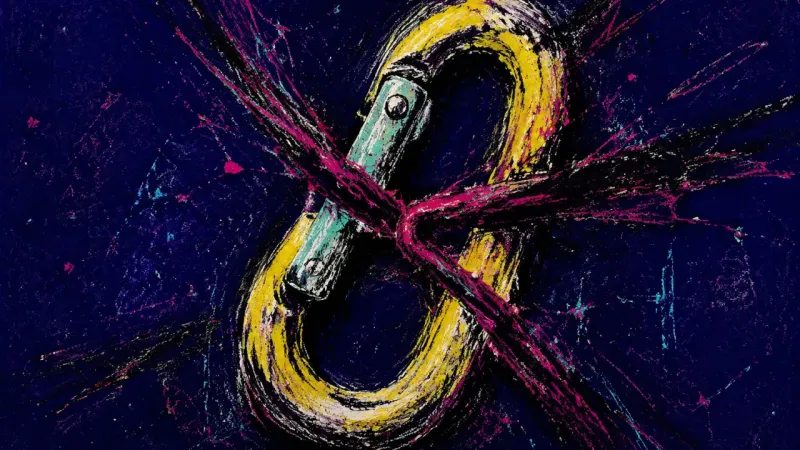 Jammed Link A warped carabiner trapped in chaotic lines, representing job-choice paralysis and fear of a limitin