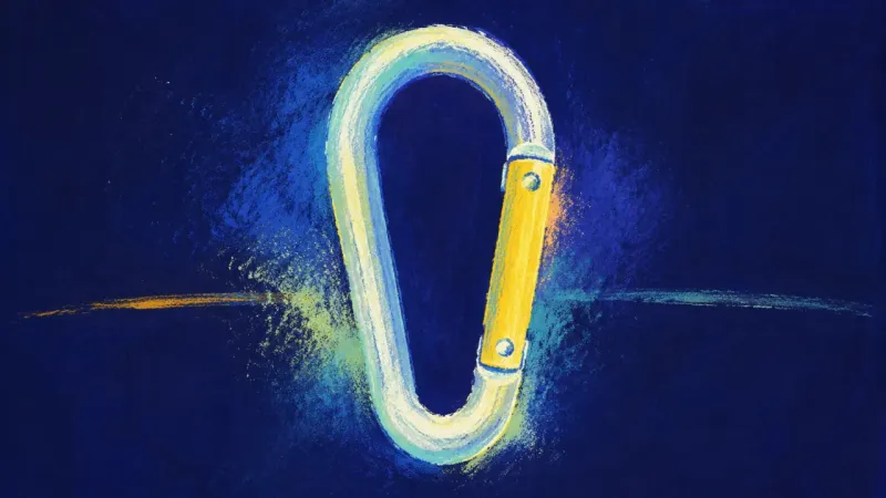 Steady Link A carabiner restored to balanced alignment, representing self-trust and a flexible next step in a ca