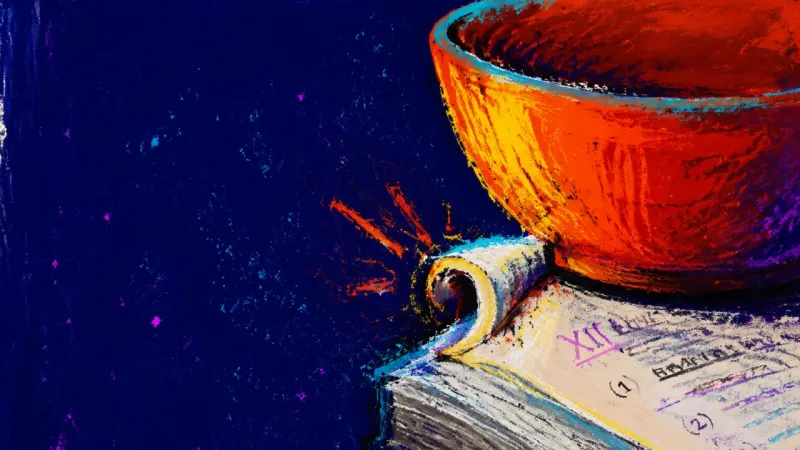 No Safe Margin A bowl shoved across an open textbook until the page edge buckles, capturing study paralysis sparked