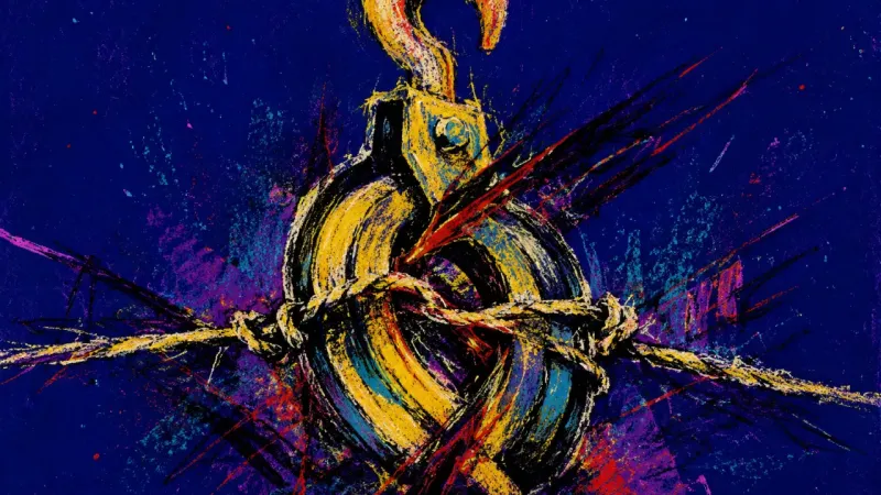 Seized Support A warped pulley jammed by tangled lines, representing hyper-independence and the strain of carrying
