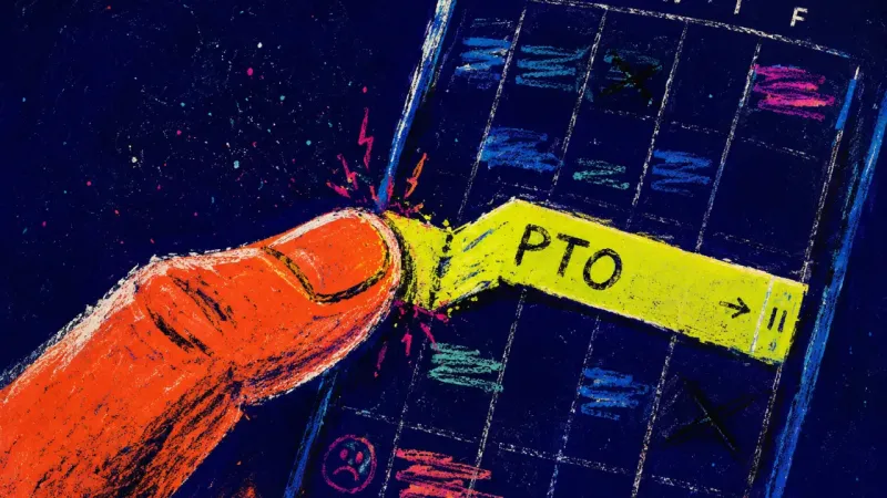 A thumb drags the same PTO dates back and forth on a phone calendar, capturing the guilt and indec��
