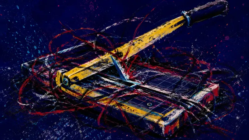 A paper cutter warped and tangled by chaotic marks, representing guilt-driven hesitation and pressu?