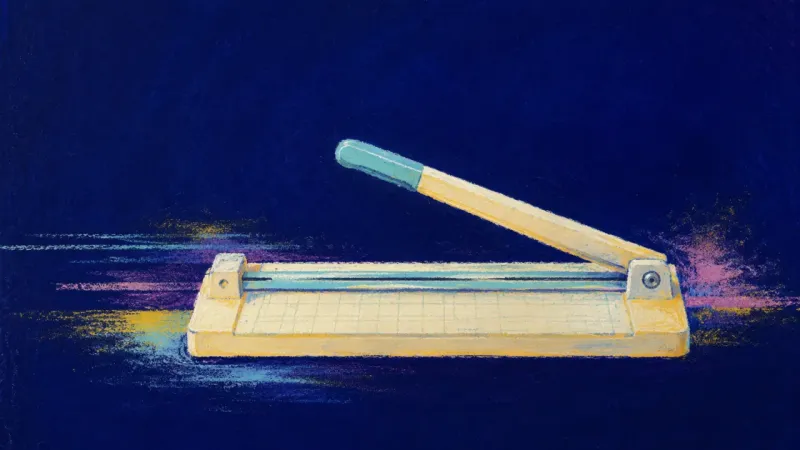 A paper cutter restored to a clean, balanced form, representing clear boundaries and steady co??
