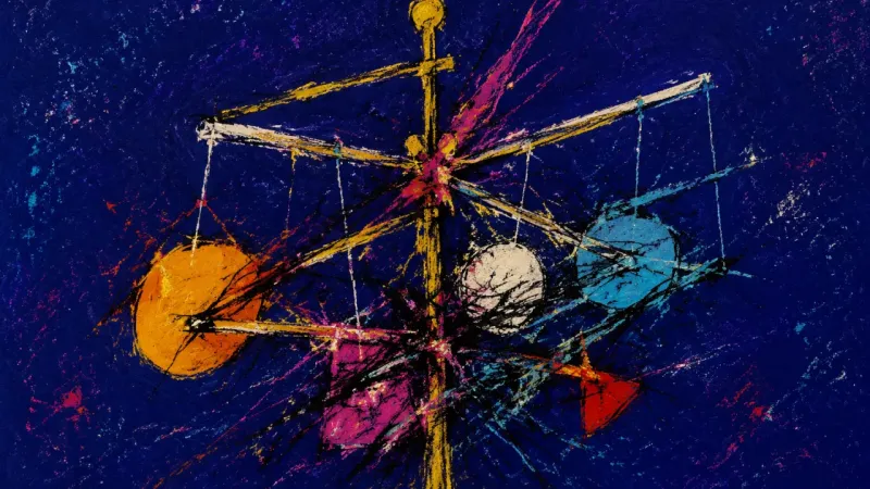 A branching mobile collapsed into tangled imbalance, representing status anxiety and lost focus aa
