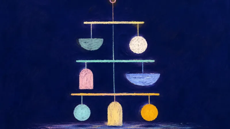 A branching mobile restored to even balance, representing steadier self-worth and focus after hieאַר