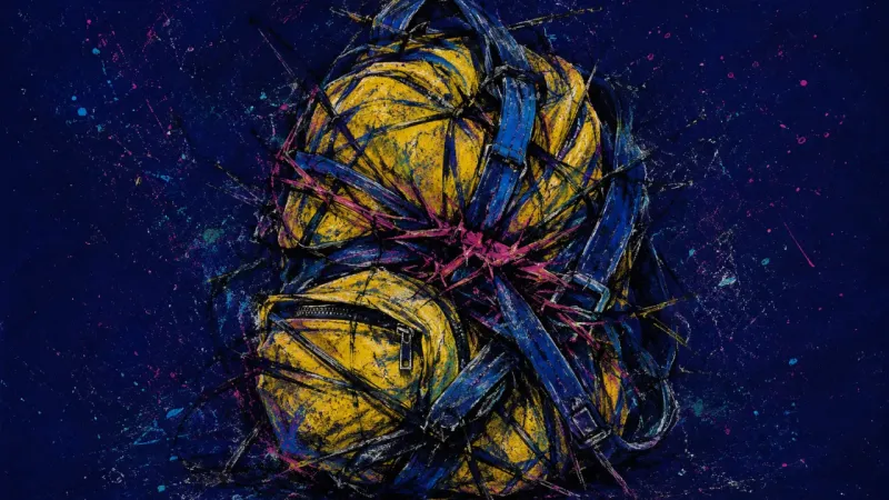 Crushed Carry A backpack distorted by pressure and tangled lines, representing thesis burnout, shame, and carrying