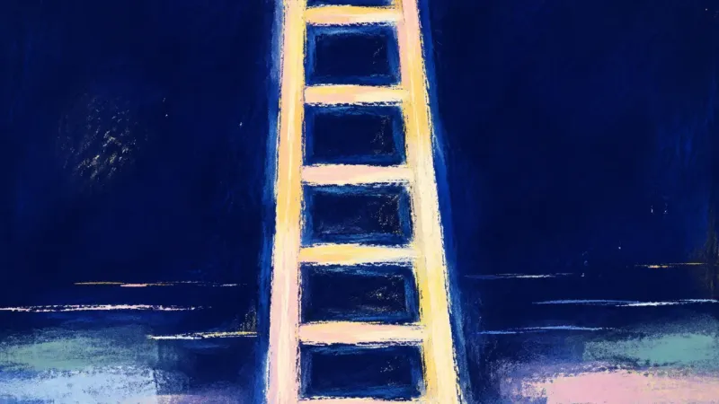 Steady Ascent An abstract representation of comparison easing, showing a ladder restored to balanced order and one