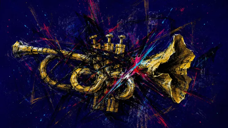 A distorted trumpet tangled in chaotic lines, symbolizing shame, self-judgment, and the feeling of