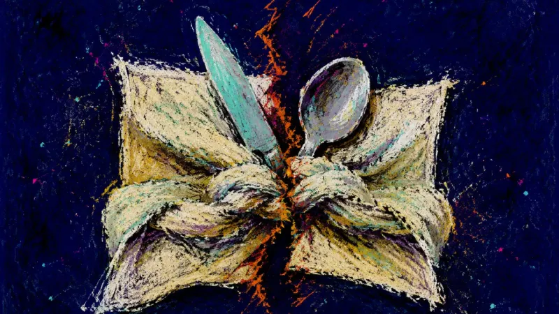 Polite Rupture A napkin twisted around a knife and spoon until it tears, symbolizing the strain of staying silent,