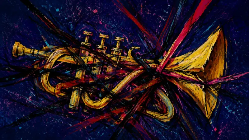 Strangled Signal A distorted trumpet trapped in chaotic lines, representing the pressure to stay agreeable during