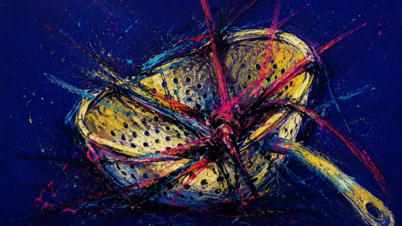 Everything at Once A warped colander tangled in dense lines, expressing payday overwhelm, split attention, and the