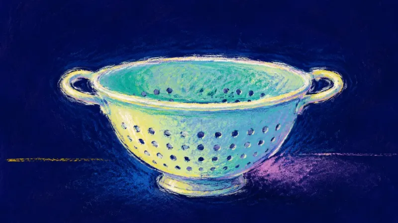 One Thing First A restored colander with orderly openings and a settled shape, expressing calm prioritization,