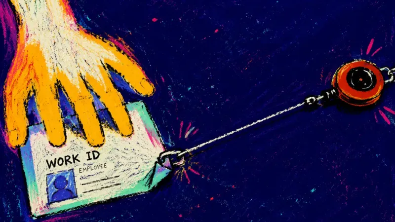 Pinned to the Role A work ID card pinned under a tense hand as the reel pulls the clipped edge into a hard bow, showing