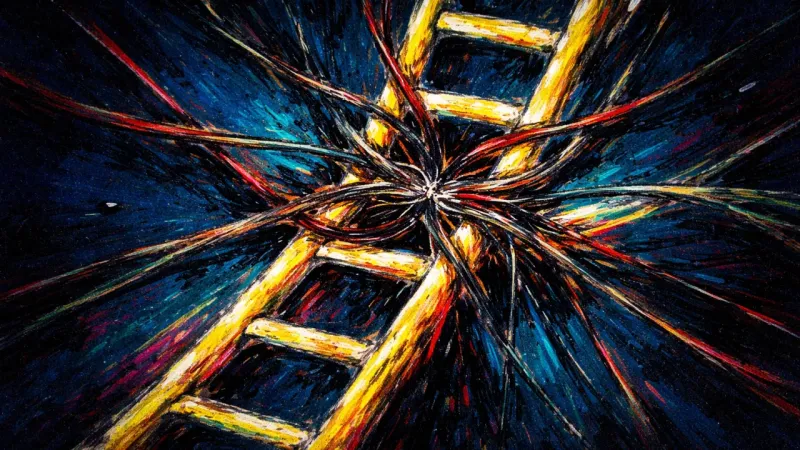 Crushed Rungs A distorted ladder trapped in dense tangles, representing shame, overthinking, and pressure to prove
