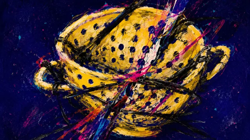 Strained Shut A warped colander tangled in harsh lines, representing perfectionism and defensive critique that