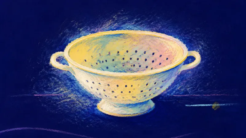 Held Open A restored colander with even openings and calm edges, representing warm honesty, self-trust, and a