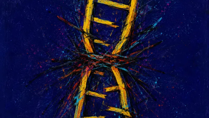 A warped ladder is tangled into a cramped structure, symbolizing work anxiety, overthinking, and the