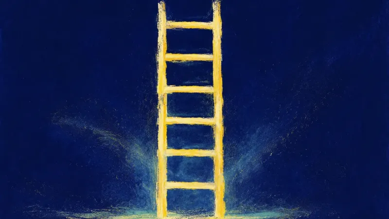 A ladder with straight rails and even rungs symbolizes restored structure, bounded choices, and aier