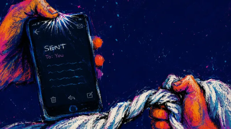 Verdict by Silence A phone on a sent email is pulled into another refresh while a free hand twists a duvet seam during