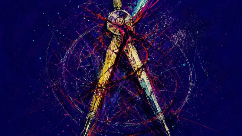 Locked Radius An abstract drafting compass collapsed into crossed tension, expressing authority-triggered imposter