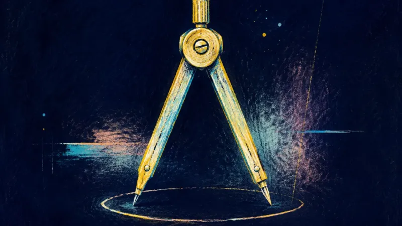 Steady Radius An abstract drafting compass restored to a balanced working span, expressing calm self-trust, clear,