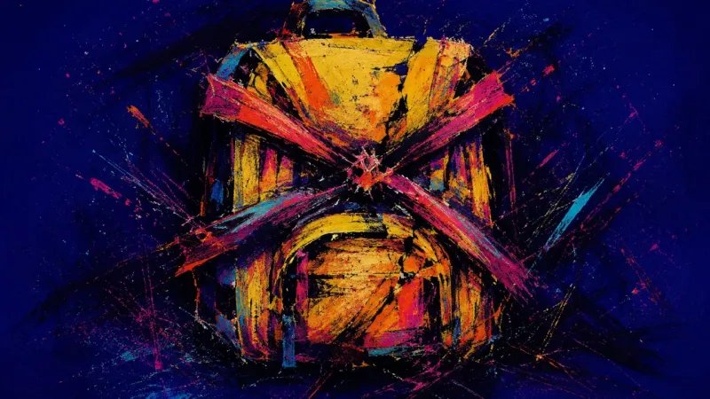 Load in Knots A warped backpack squeezed by tangled straps, representing burnout from trying to hold work, money,