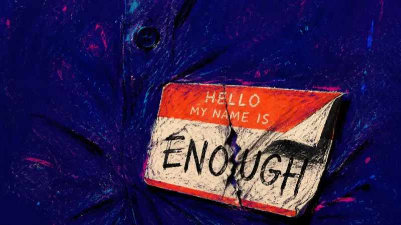 The Wrong Label A name tag repeatedly peeled and pressed down until the printed name splits and curls, symbolizing a