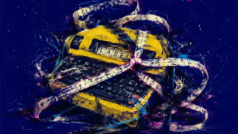 Jammed Into Silence An abstract label maker knotted in its own tape, representing self-silencing, overthinking, and f