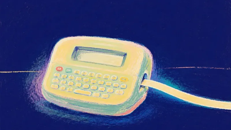 The Uncurled Line An abstract label maker restored to a clean shape with one smooth strip extending outward, represe
