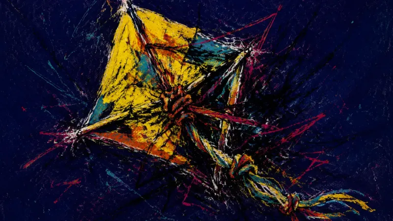 Choked Signal A distorted kite tangled in chaotic lines, representing blocked vulnerability, family emotional