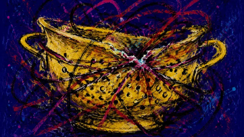 Collapsed Capacity A warped colander tangled in dense lines, representing people-pleasing, overcommitment, and the col