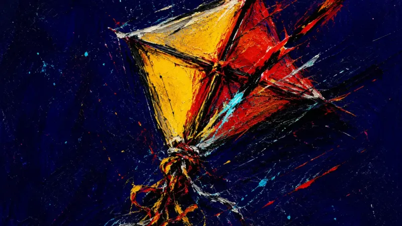 A distorted kite tangled in chaotic lines, representing the overthinking and loss of self-trust that