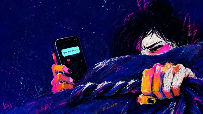 A person under a duvet grips a phone showing a brief approval message while twisting the blanket hem