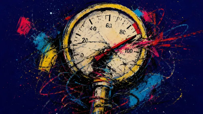 A warped pressure gauge with its needle pinned past the marks, representing imposter syndrome,