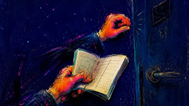 Before the Knock A hand frozen in a half-knock while an open notebook bends backward, capturing office-hours paranoia