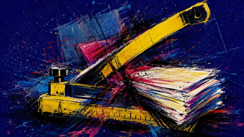 Blade Jam A paper cutter jammed by overlapping pages, symbolizing draft paralysis, tone anxiety, and the pre