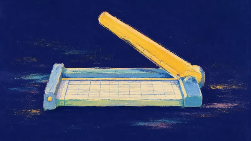 Clean Cut A paper cutter restored to clean alignment, symbolizing honest editing, clear criteria, and steady