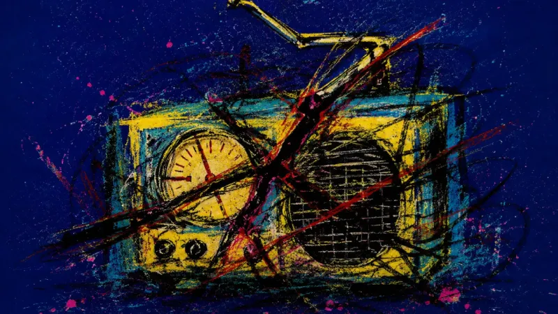 Crushed Signal A warped radio tangled in chaotic marks, expressing dating-profile self-doubt, over-editing, and fe