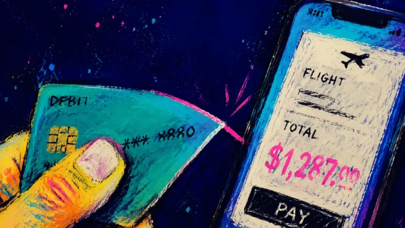 The Price of Maybe A bent debit card pressed to a phone at flight checkout, showing the freeze between wanting freedom,