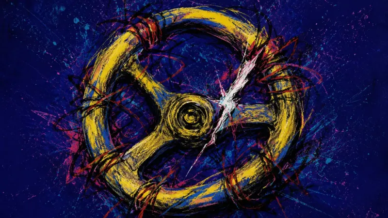 Warped Direction A distorted steering wheel caught in dense tangled marks, representing travel FOMO, money fear, and