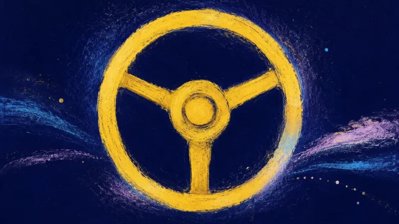 Steady Direction A restored steering wheel with balanced spokes, symbolizing values-based travel choices, calm follow