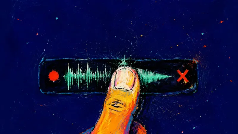 A thumb cancels a half-recorded voice note as the waveform bunches tight, symbolizing self-silencing